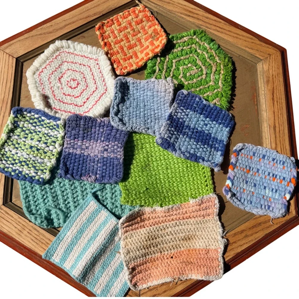 Vintage Handmade Woven Crochet Pot Holders Coasters Lot 12 pc MultiColor Folk